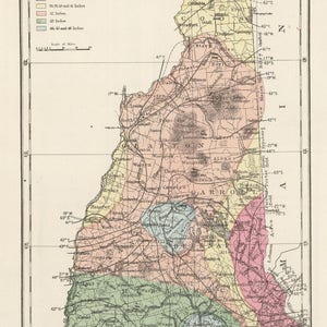 May include: A vintage map of New Hampshire, showing the state's climate zones. The map is color-coded to indicate the average annual rainfall in inches. The map also includes lines of equal annual temperature, summer temperature, and winter temperature. The map is titled "Climatology of New Hampshire" and is dated 1877.
