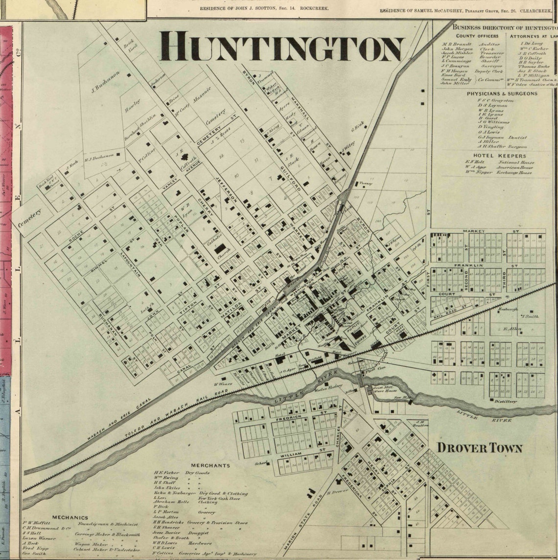 Huntington County Indiana 1866 Old Wall Map Reprint With Etsy