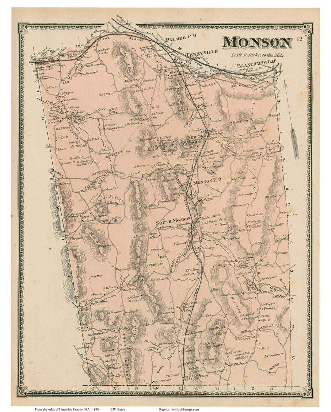 Monson 1870 Old Town Map Reprint Hampden County, Massachusetts