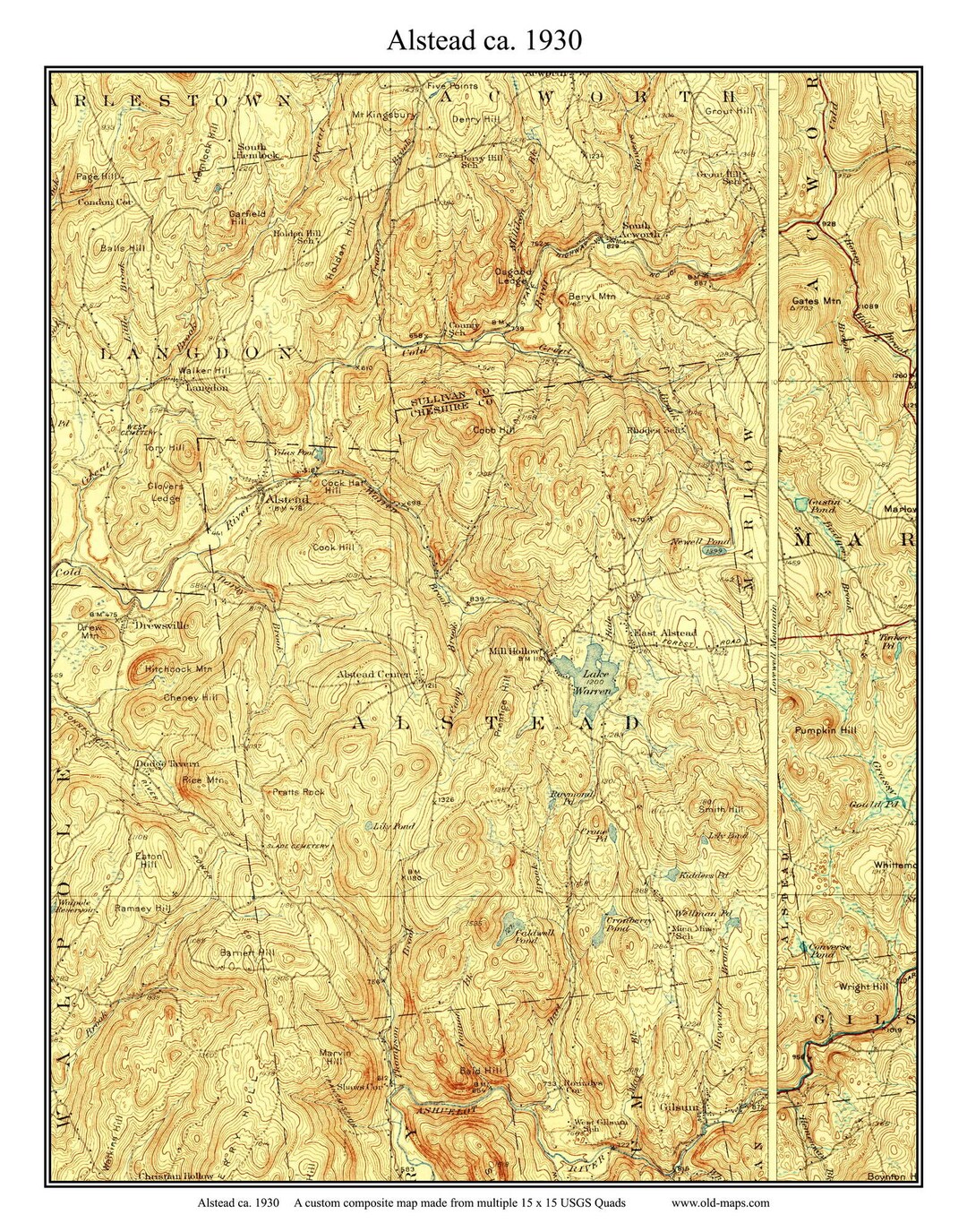 Alstead Circa 1930 Old Town Map USGS Topographic Custom Composite