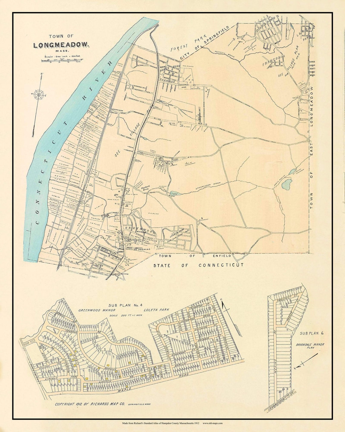 East Longmeadow, Massachusetts 1912 Old Town Map Reprint Hampden Co 38A