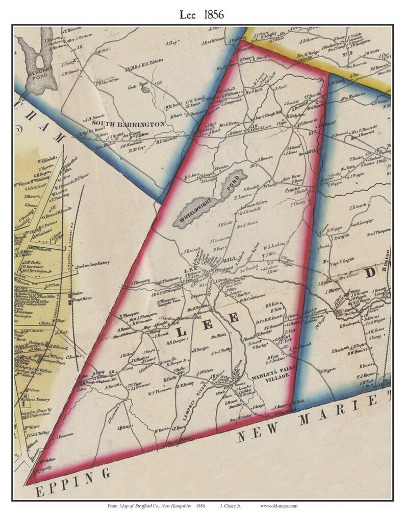 Lee 1856 Old Town Map With Homeowner Names New Hampshire Wheelwright