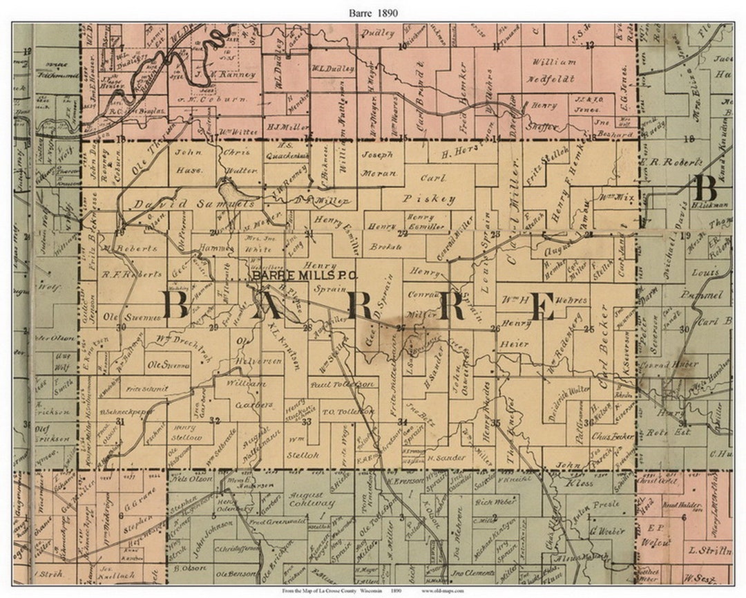 Barre 1890 Old Town Map With Homeowner Names barre Mills Wisconsin