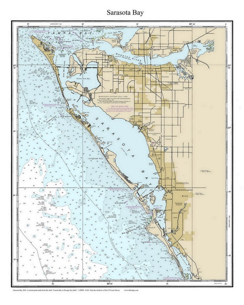Sarasota Bay 2014 Siesta Key Lido Key Nautical Map Florida Custom Print 180000 11424 Reprint Etsy