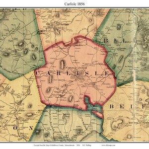 Carlisle 1856 Old Town Map with Homeowner Names Massachusetts - Reprint Middlesex County  MA TM