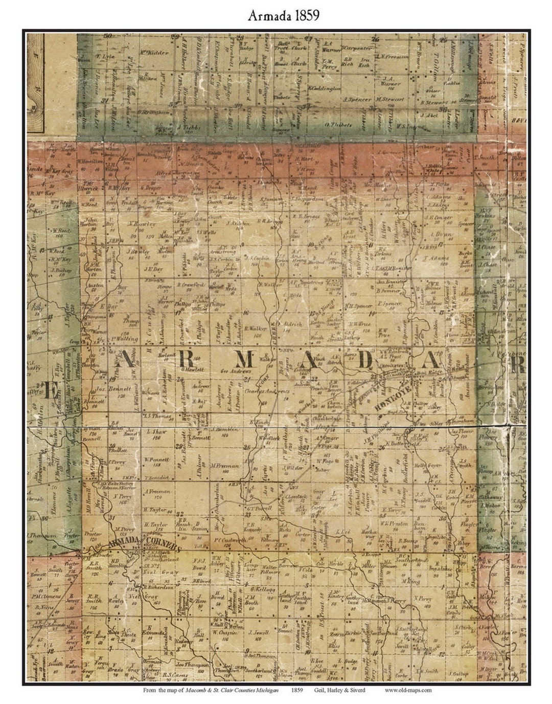 Armada 1859 Old Town Map With Homeowner Names Michigan Reprint