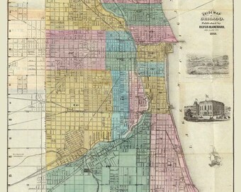Chicago 1869  Illinois - Blanchard   - Union Stock Yards - City Limits - Old Map Reprint