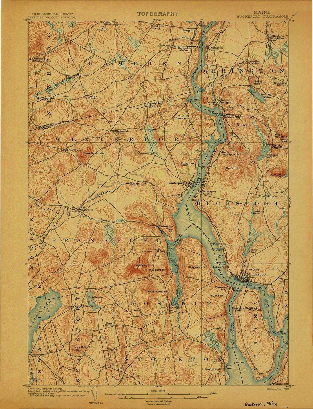 Bucksport 1902 Old Topo Map Penobscot River Orrington Winterport