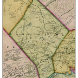 May include: An antique map of Marbletown, New York from 1853. The map is divided into sections with different colors and shows the names of towns, rivers, and roads. The map is titled "Marbletown 1853" and includes the text "From Map of Ulster County, New York 1853" and "Tillson & Brink www.old-maps.com".