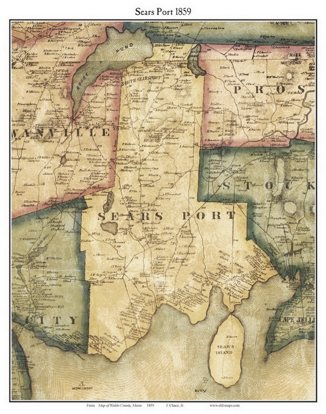 Searsport 1859 Old Town Map With Homeowner Names Maine Sears Island
