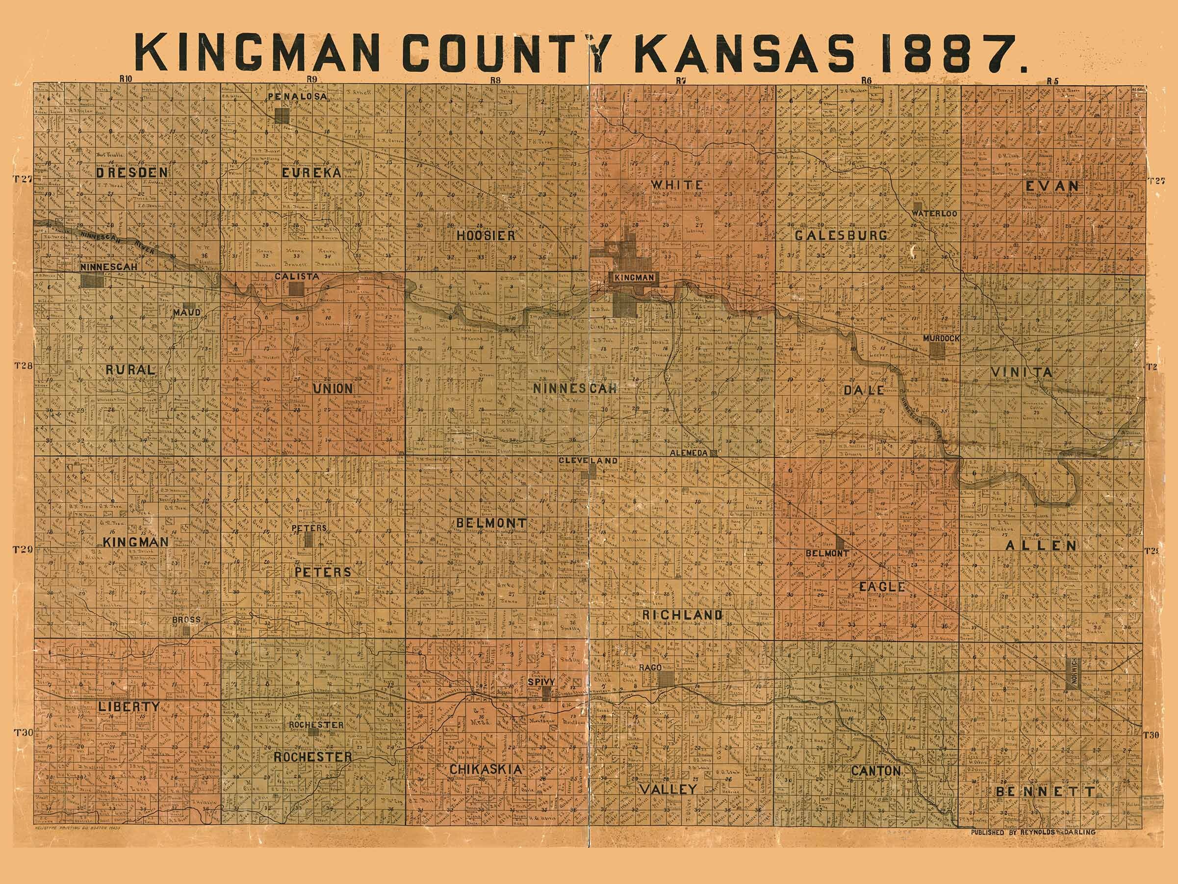 Kingman County Kansas 1887 Old Wall Map Reprint Etsy