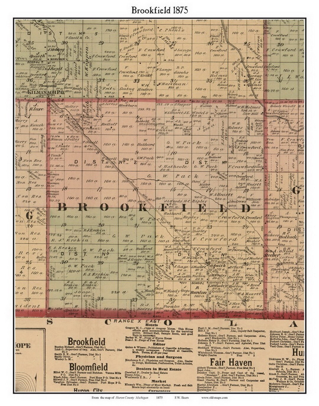 Brookfield 1875 Old Town Map With Homeowner Names Reprint Michigan