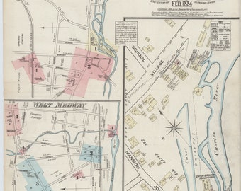 Medway 1884 Old Map Fire Insurance MA Massachusetts  - Reprint