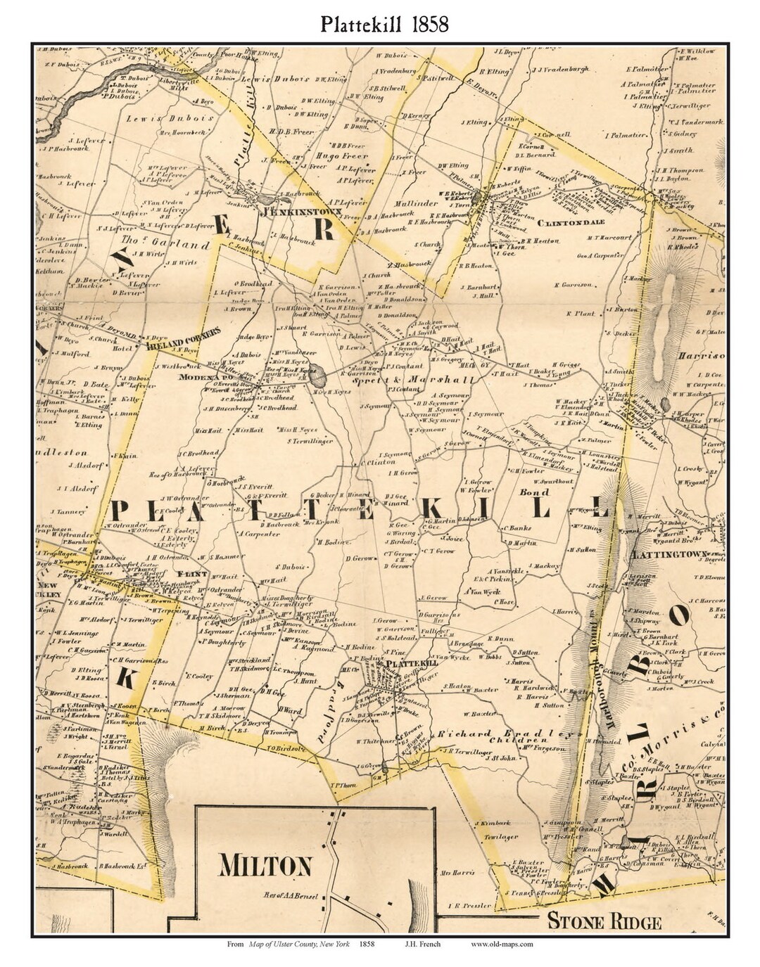 Plattekill New York 1858 Map Homeowners Names Flint Etsy