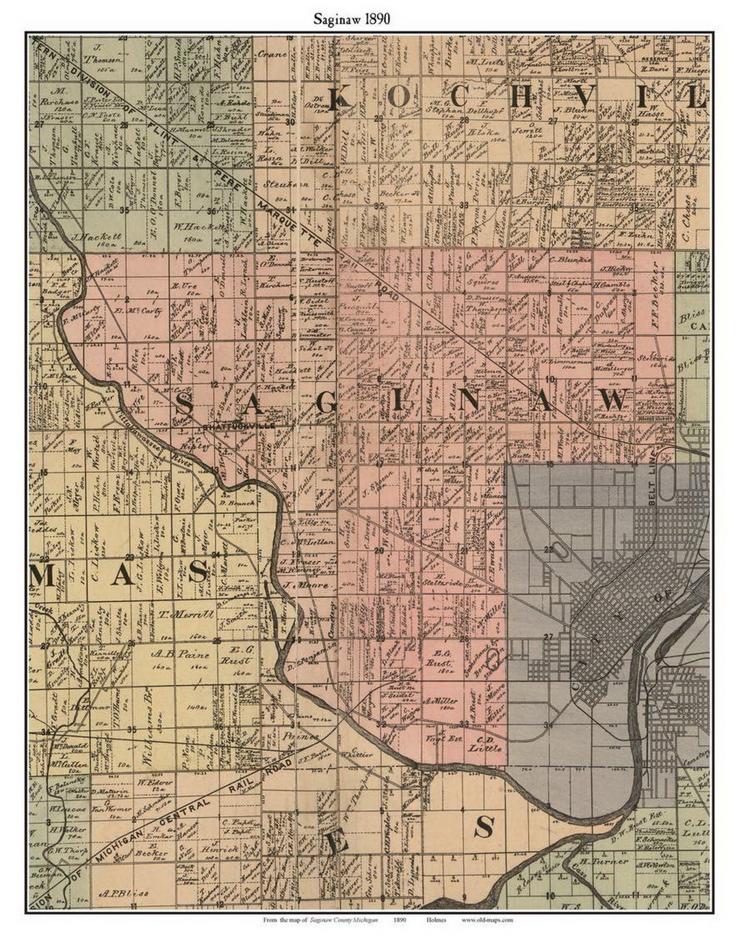 Saginaw 1890 Old Town Map With Homeowner Names Michigan Reprint