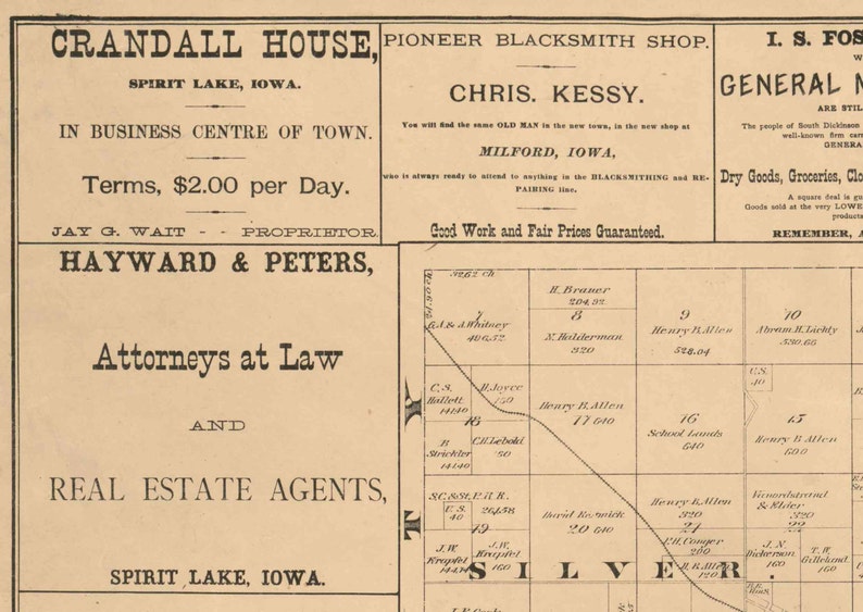 Dickinson County Iowa 1883 Old Wall Map with Landowner Names Etsy