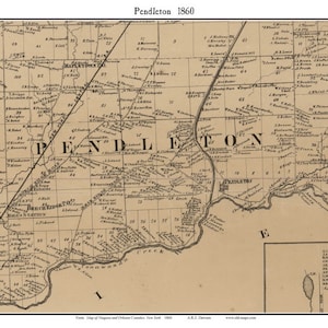 May include: A vintage map of Pendleton, New York from 1860. The map shows the town's roads, rivers, and the names of various residents. The map is printed in black and white on a cream-colored paper.