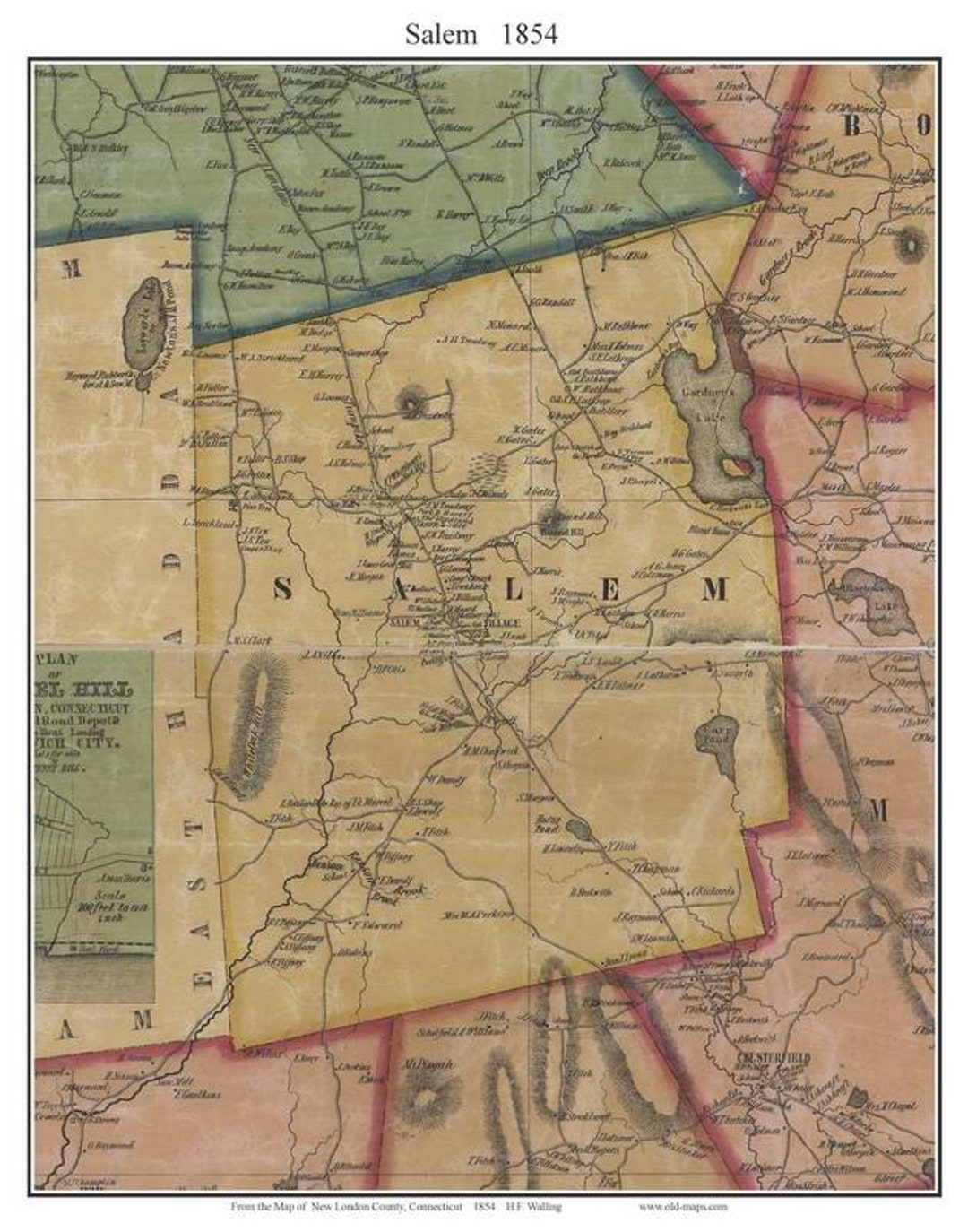 Salem Connecticut 1854 Old Town Map With Homeowner Names Reprint New