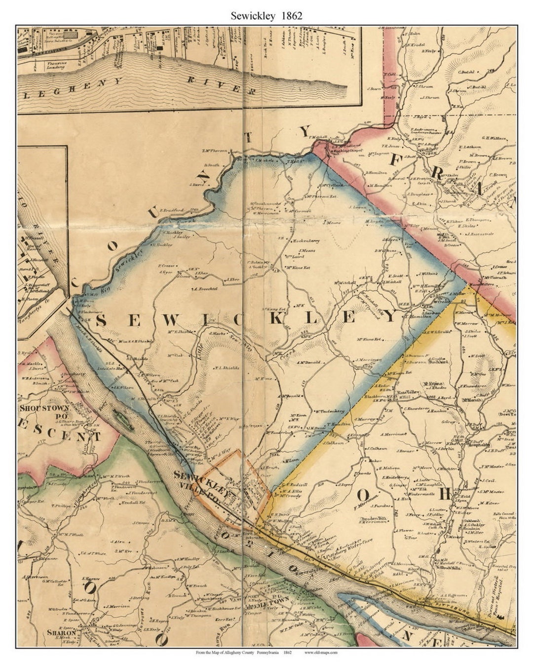Sewickley 1862 Old Town Map With Homeowner Names Pennsylvania Reprint