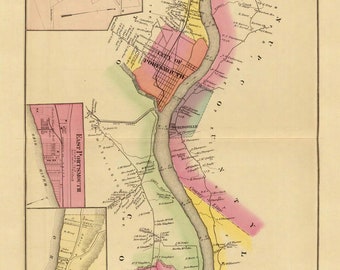 Könnte beinhalten: Eine antike Karte des Oberen Ohio River und des Tals, Teil XX, die den Bereich von Wheelersburg bis Springville, Ohio, zeigt. Die Karte ist farbcodiert und enthält die Namen von Städten, Flüssen und anderen geografischen Merkmalen.