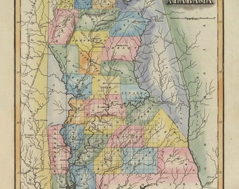 Alabama 1823 Old State Map Colorful Counties Reprint