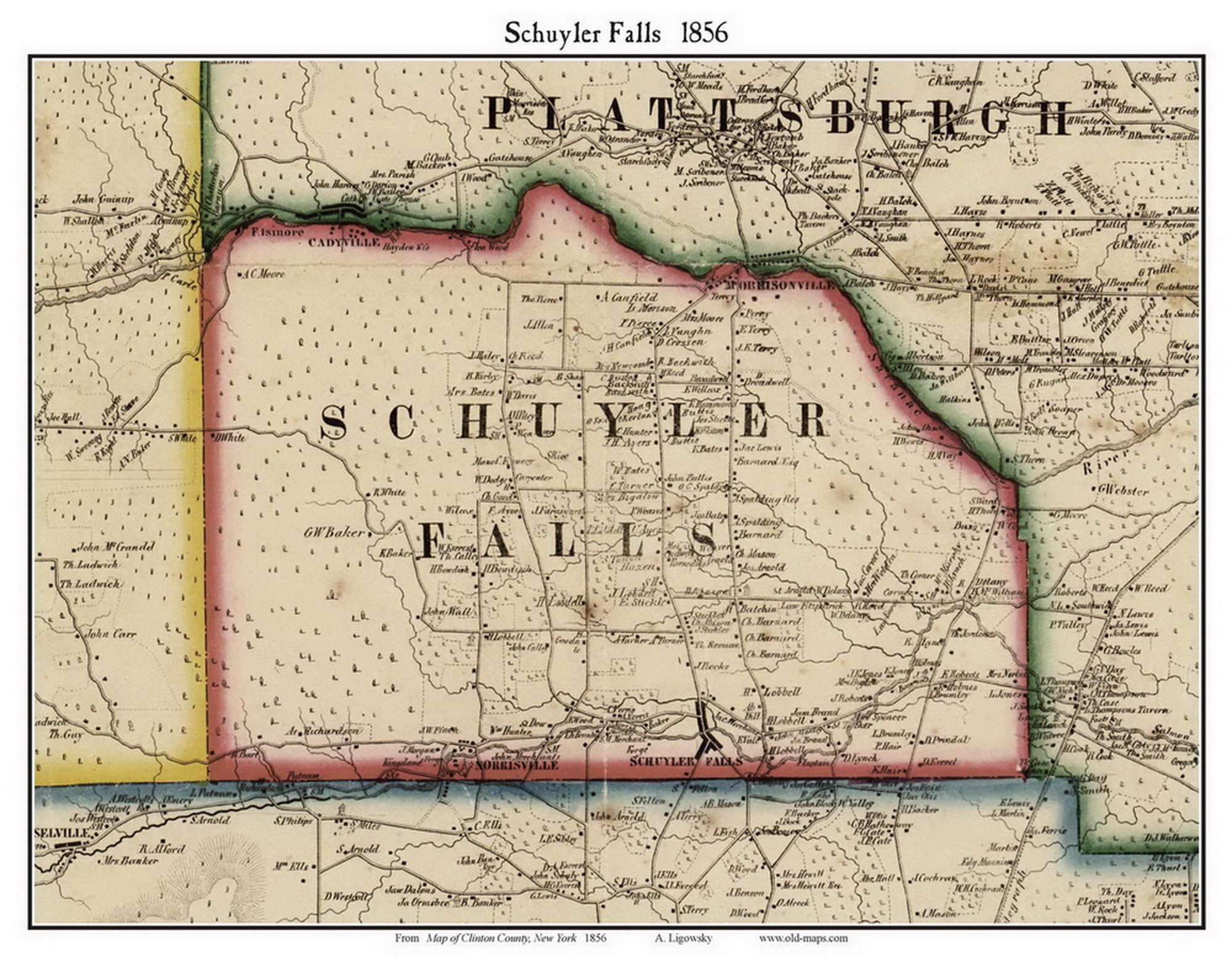 Schuyler Falls 1856 Old Town Map With Homeowner Names New York Morrisonville Reprint Genealogy