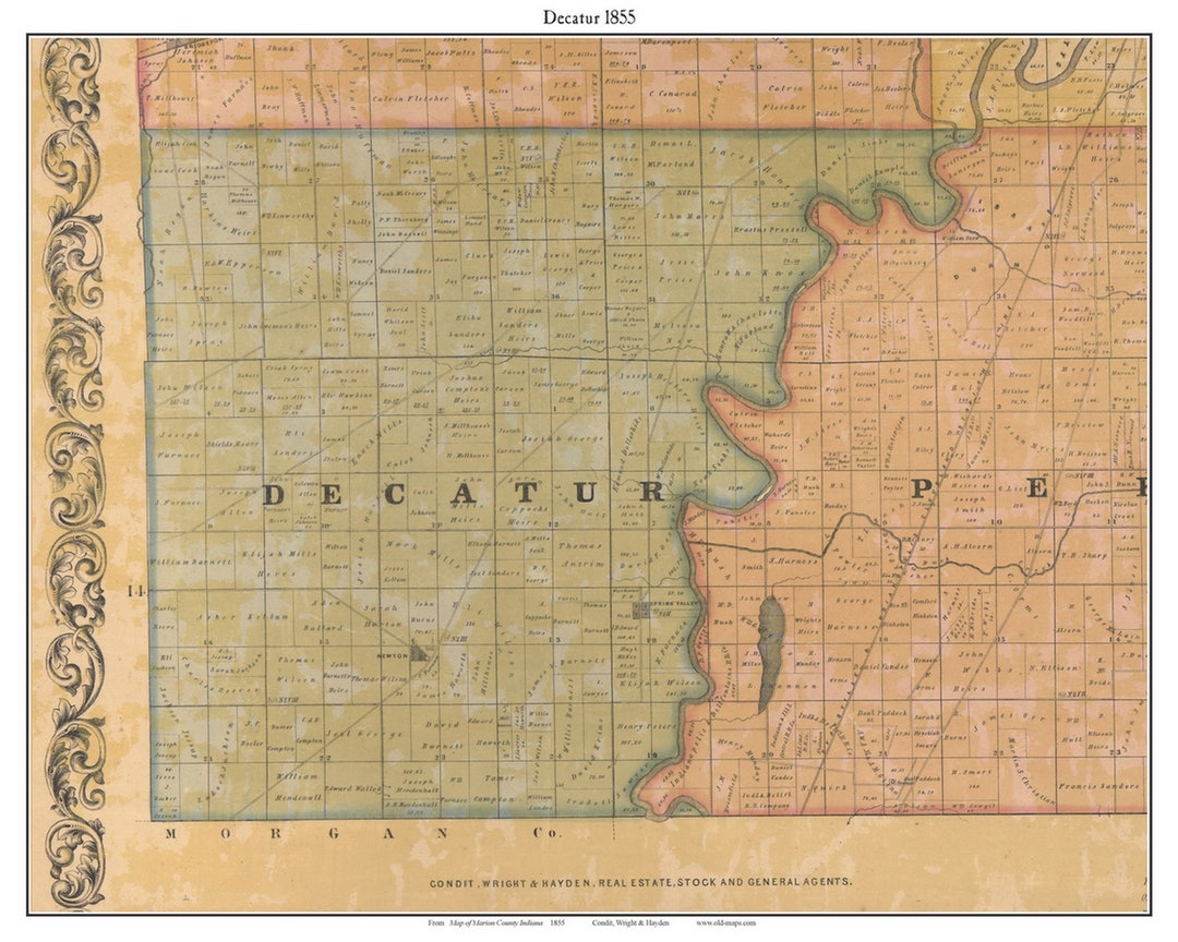 Decatur 1855 Old Town Map With Homeowner Names Indiana Newton - Reprint ...