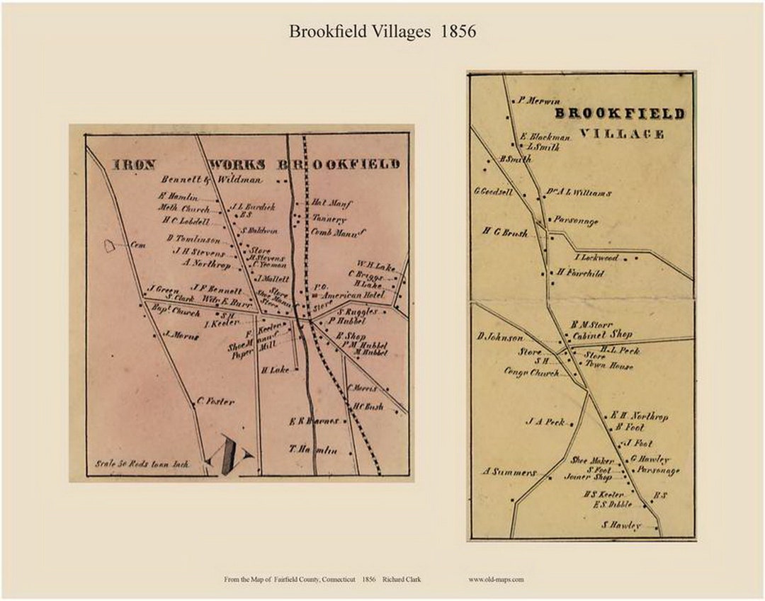 Brookfield Villages 1856 Old Town Map With Homeowner Names Connecticut