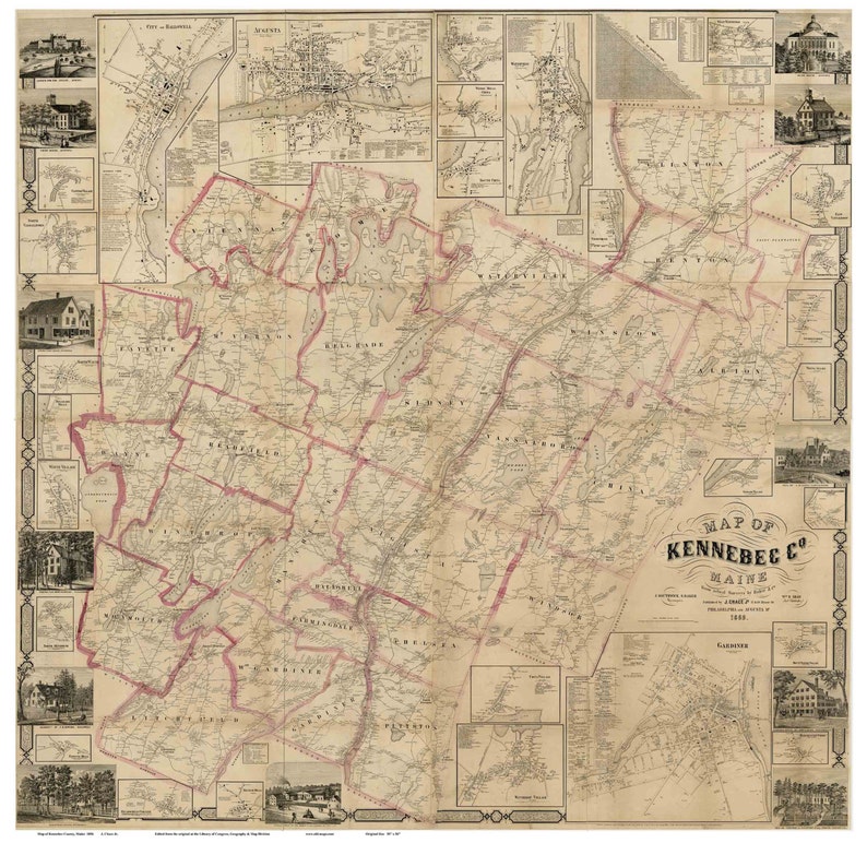 Kennebec County Maine 1856 Old Wall Map Reprint With Etsy