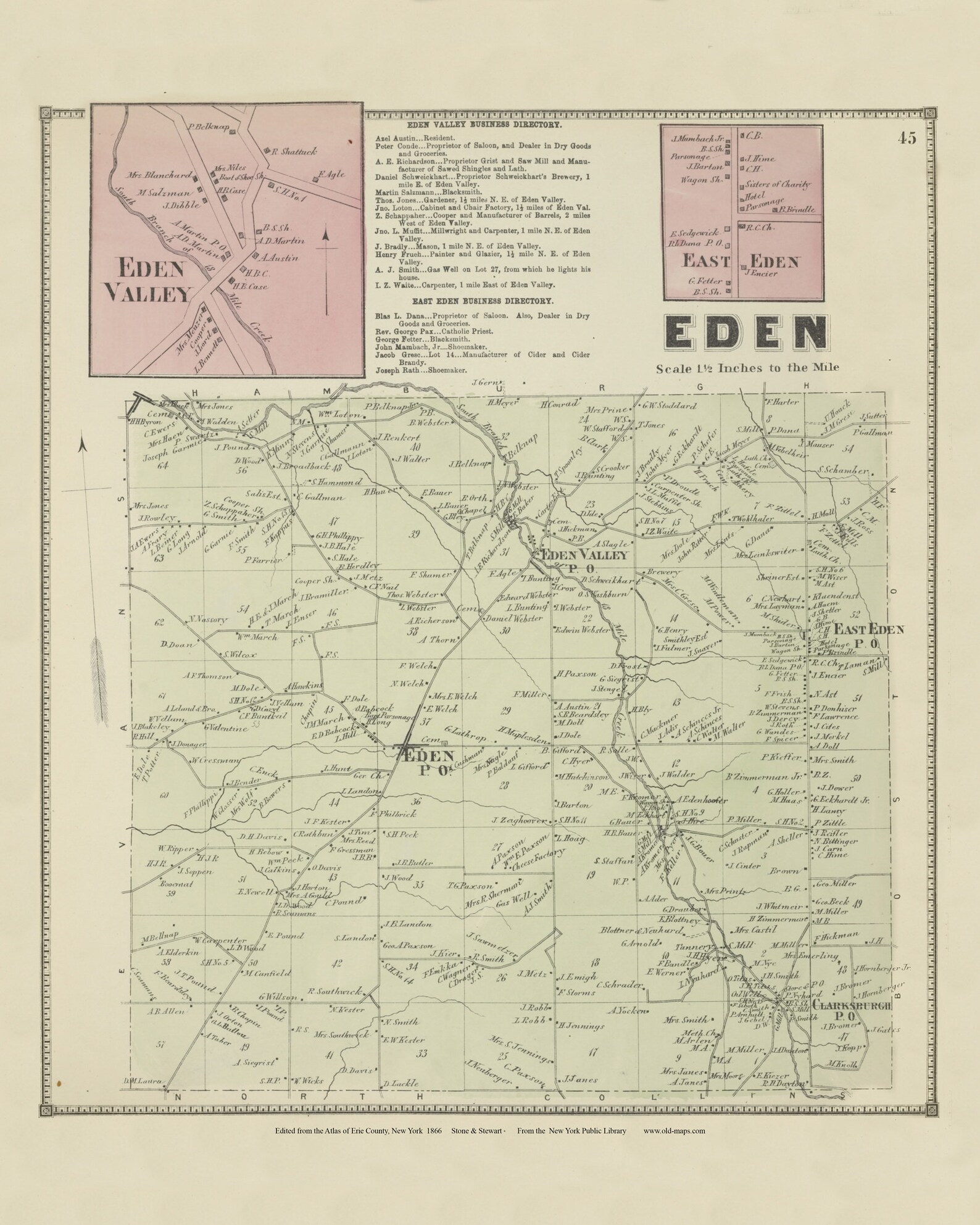 Eden 1866 New York Erie Co Atlas Old Town Map Reprint NY Etsy