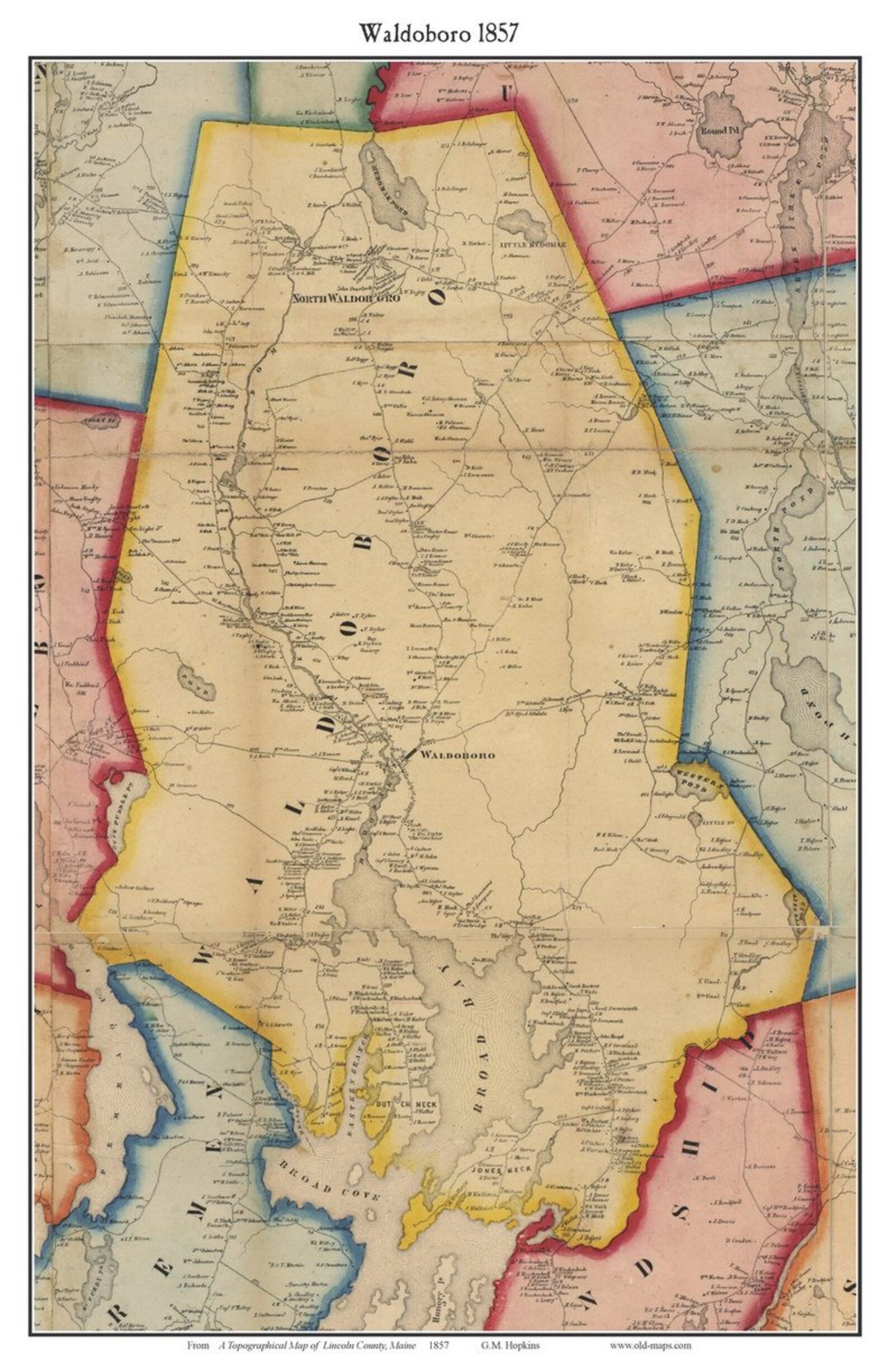 Waldoboro 1857 Old Town Map With Homeowner Names Maine Medomak Etsy