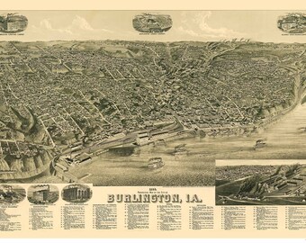 Burlington Iowa - 1889 - Birds Eye View  Reprint