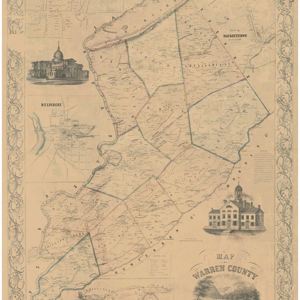 Warren County  New Jersey 1852 Old Wall Map -  Reprint with Homeowner Names