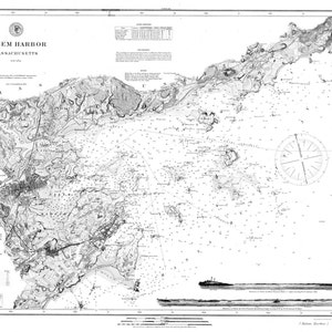 May include: A black and white nautical chart of Salem Harbor, Massachusetts. The chart shows the harbor's coastline, islands, and depths. The chart also includes a compass rose and a scale bar.