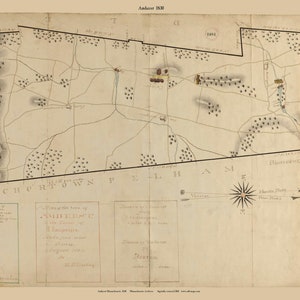 Amherst 1830 Town Plan - Old Roads Map Reprint RESTORED Massachusetts Archives - MA