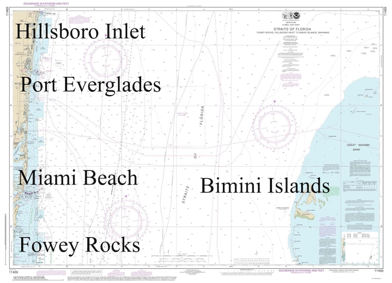 Straits of Florida 2014 Old Nautical Map Miami Beach Bimini Etsy