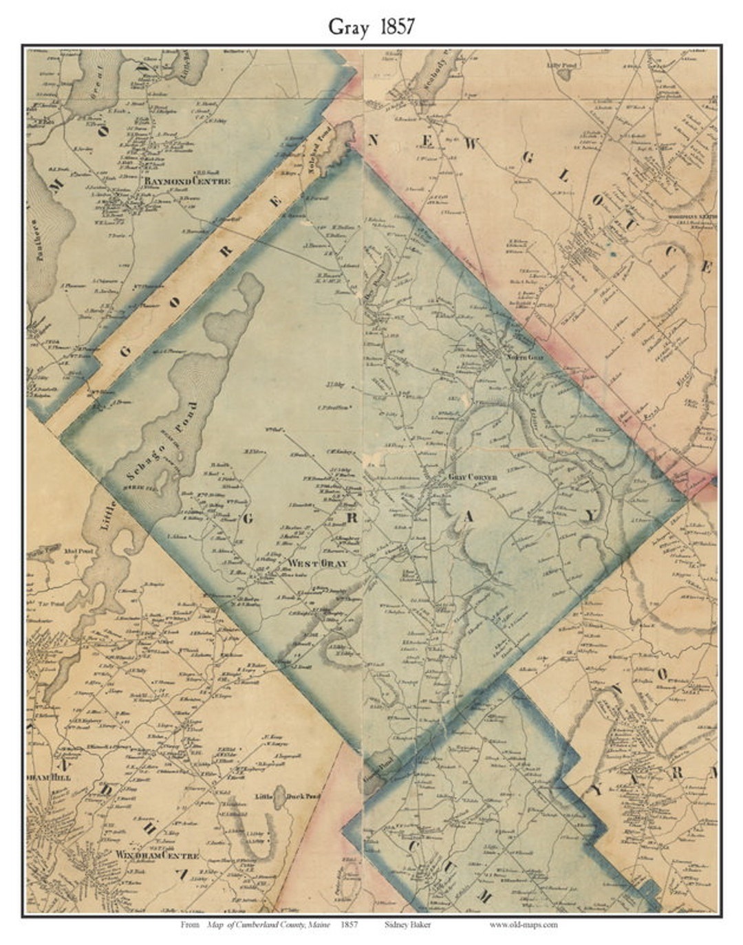 Gray 1857 Old Town Map With Homeowner Names Maine Little Sebago Lake