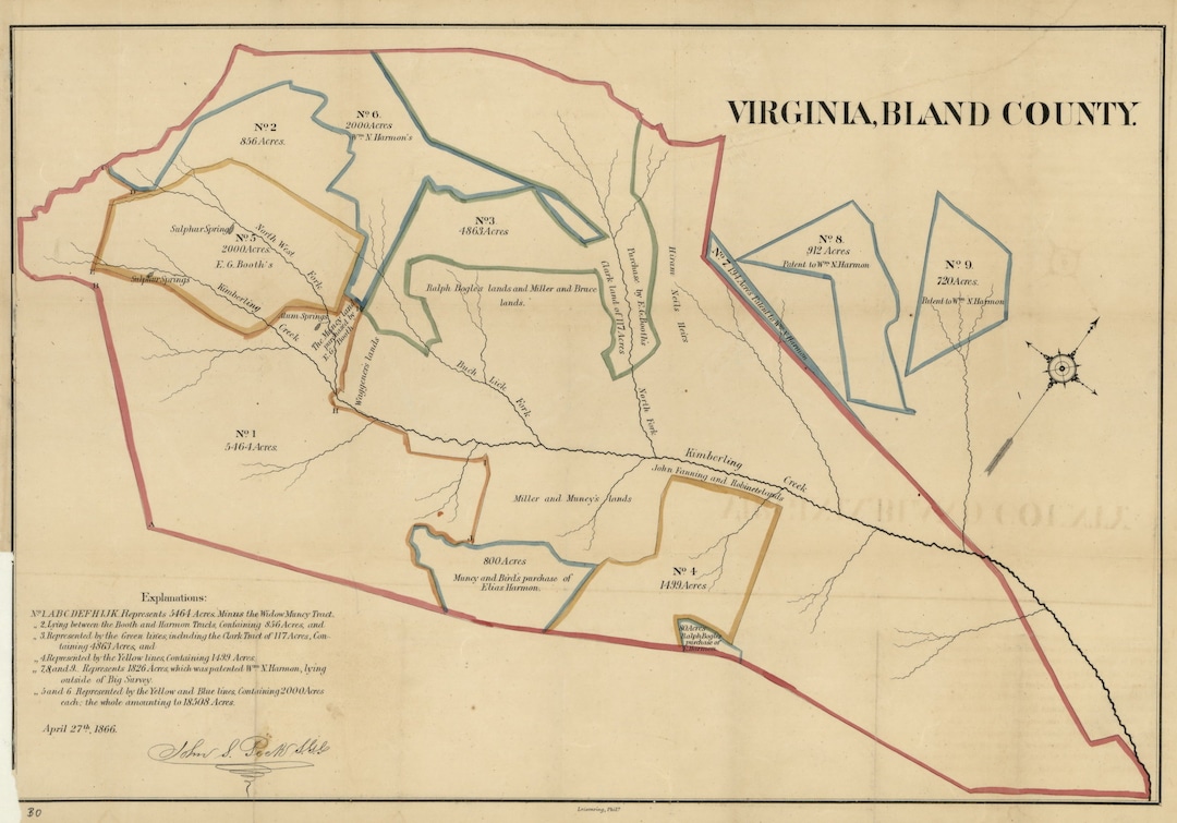 Bland County Virginia 1866 Old Wall Map With Homeowner Names Etsy