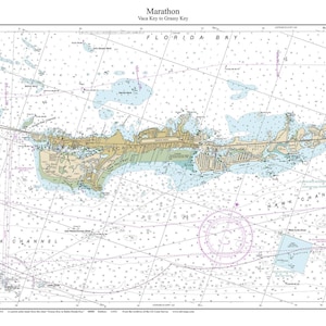 May include: A nautical chart of Marathon, Florida, showing the area from Vaca Key to Grassy Key. The chart includes details of the coastline, waterways, and surrounding islands. The title "Marathon" and "Vaca Key to Grassy Key" are printed at the top of the chart.