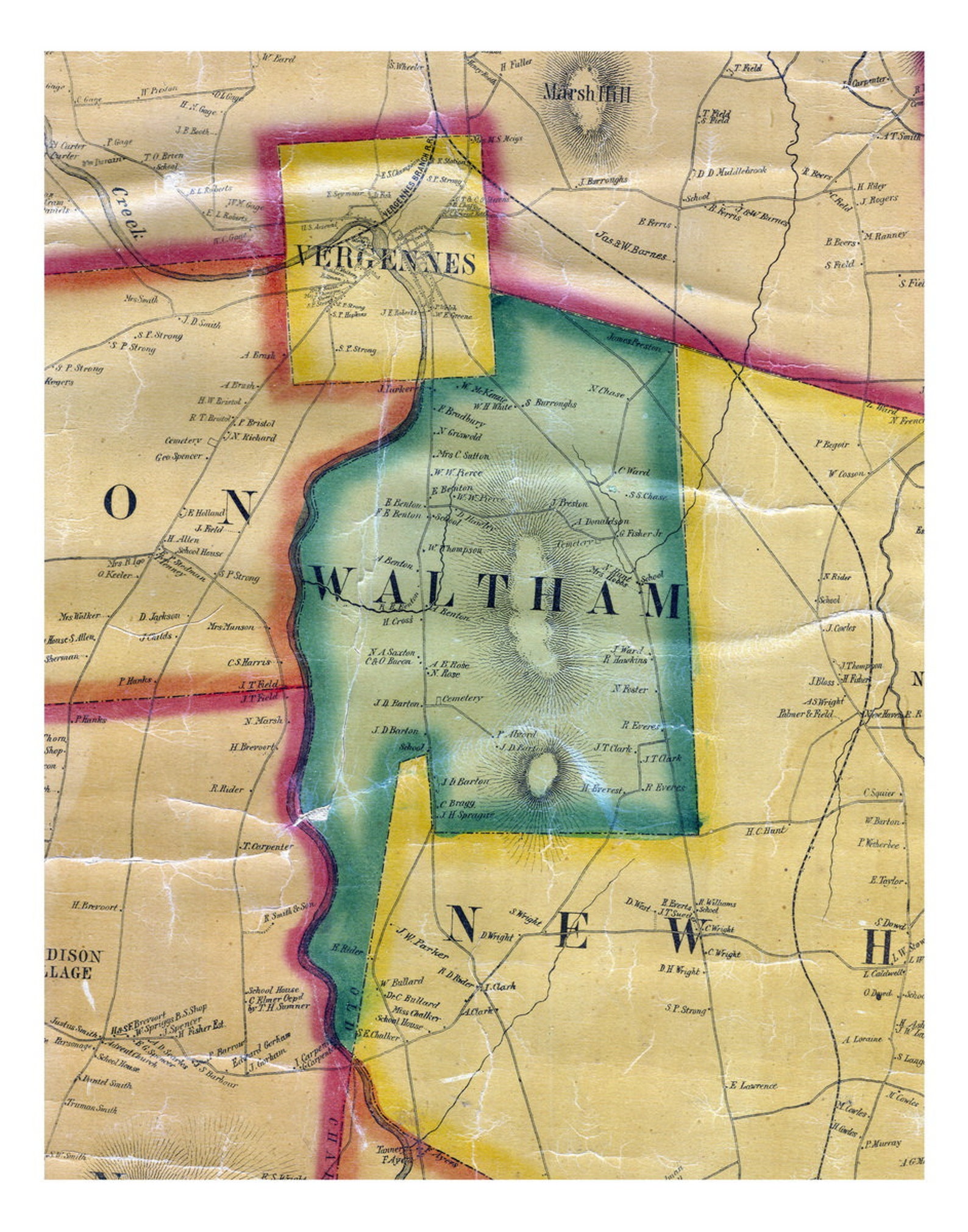 Waltham 1857 Old Town Map With Homeowner Names Vermont Etsy