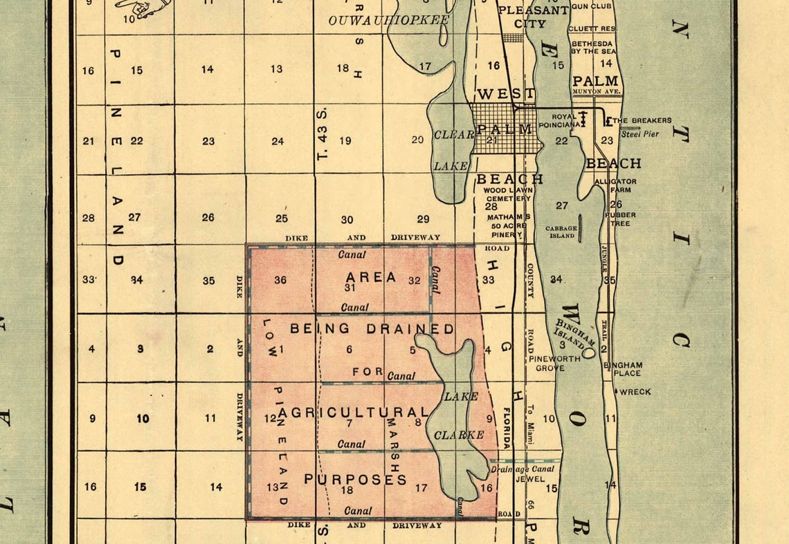 Palm Beach Florida 1907 Map - the Breakers West Palm Lake Worth Old Map ...