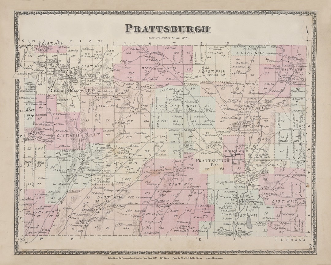 Prattsburgh 1873 Map Homeowner Names Reprint Steuben Co Beers Atlas New