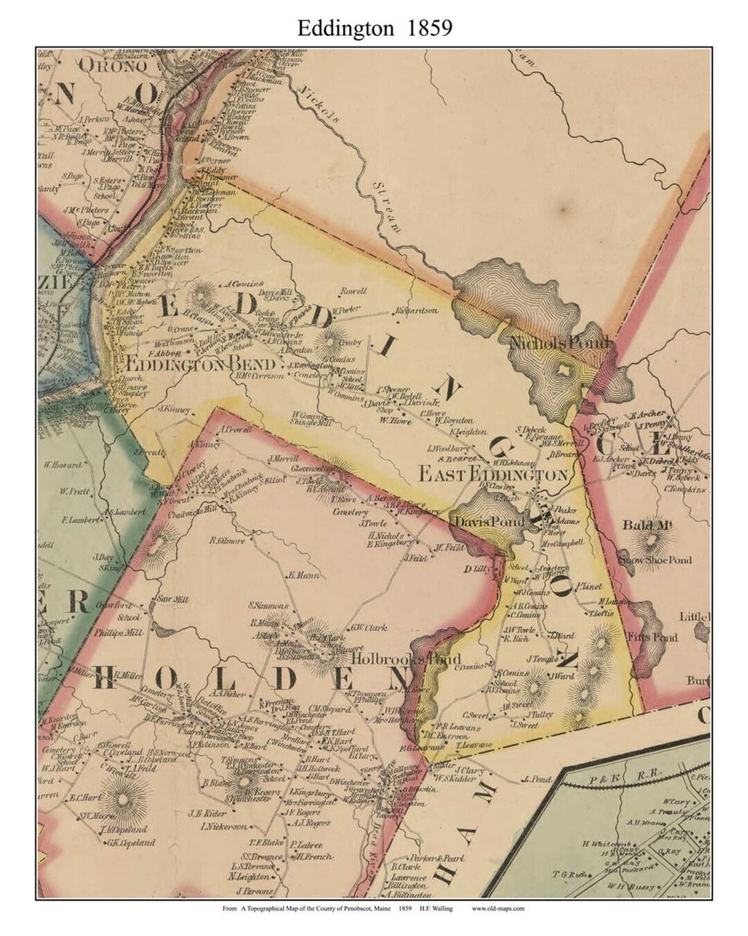 Eddington 1859 Old Town Map With Homeowner Names Maine Reprint