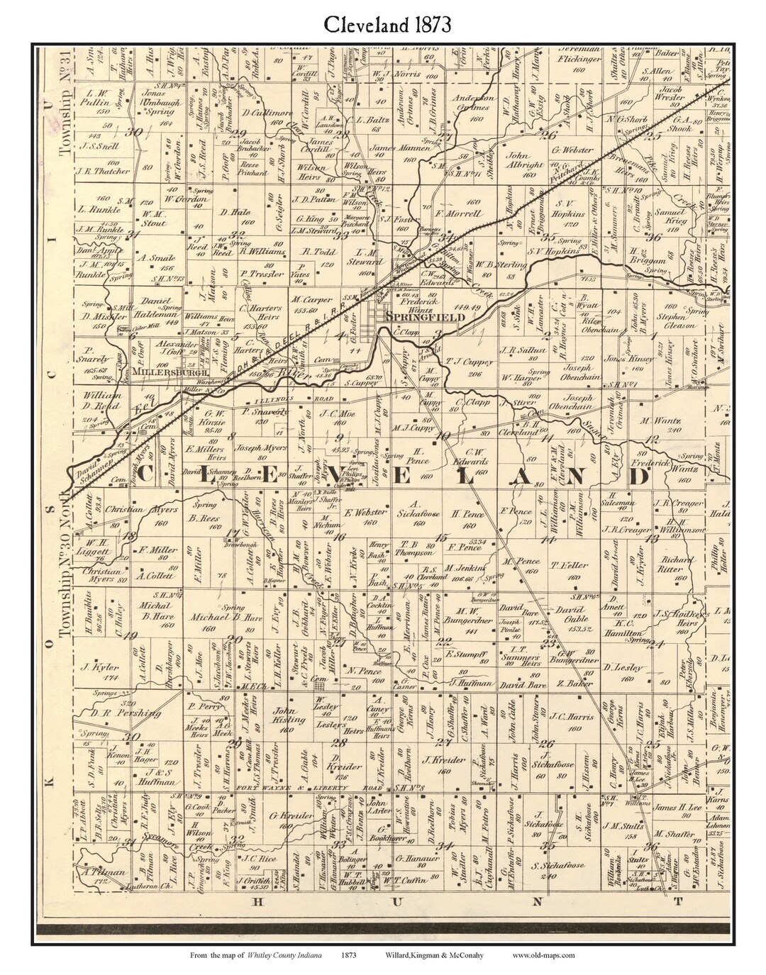 Cleveland 1873 Old Town Map With Homeowner Names Indiana Millersburgh ...