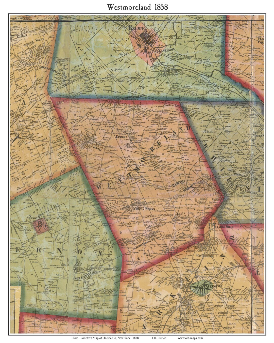 Westmoreland 1858 Old Town Map With Homeowner Names New York Reprint