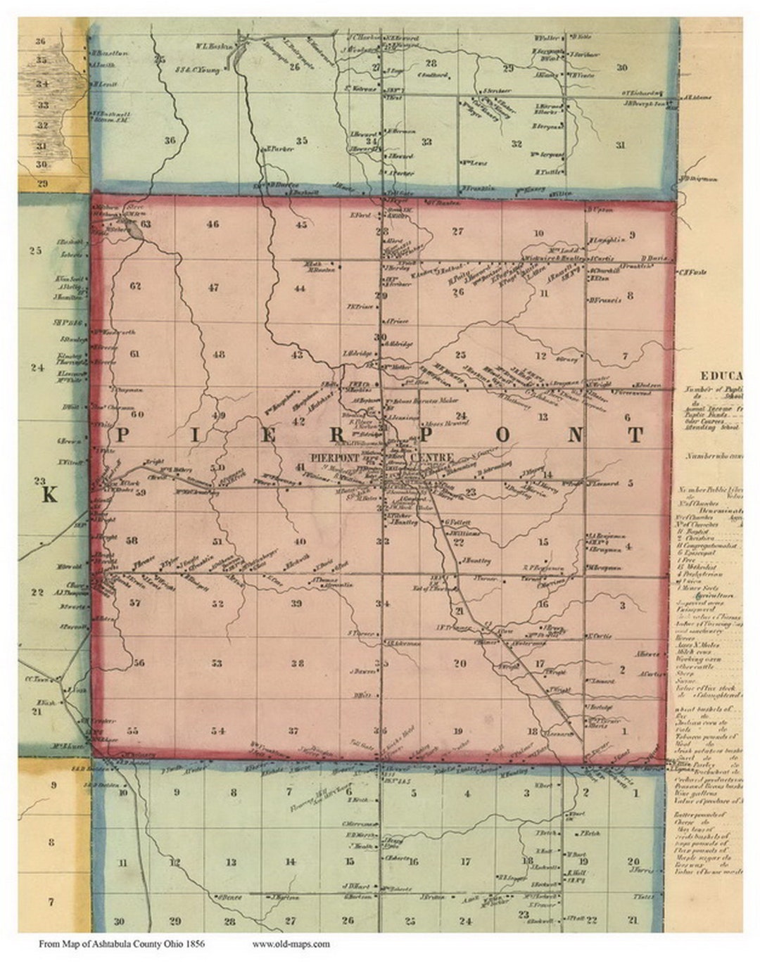 Pierpont 1856 Old Town Map With Homeowner Names Ohio Reprint Genealogy