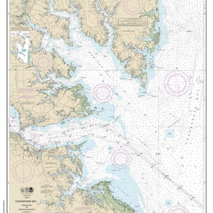 May include: A nautical chart of Chesapeake Bay, Virginia, showing the waterways and surrounding land. The chart is in black and white with blue and green accents. The chart includes depth soundings in feet and compass roses.