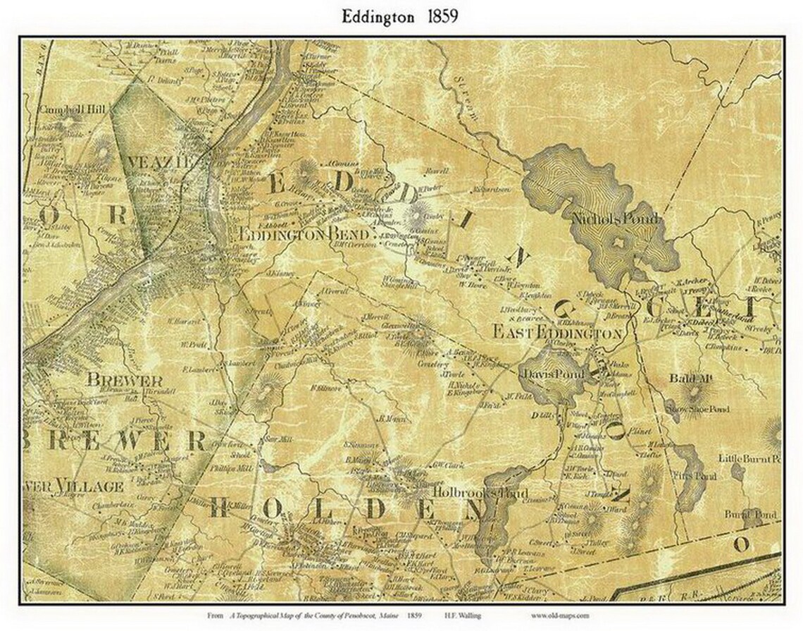 Eddington 1859 Old Town Map With Homeowner Names Maine Etsy