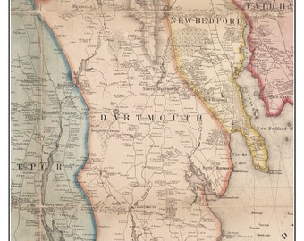 May include: Antique map of Dartmouth, Massachusetts, from 1858, with detailed geographical features and place names. The map is in shades of beige, pink, and blue, with the title "Dartmouth 1858" at the top. Includes the text "From Map of the County of Bristol, Massachusetts 1858".