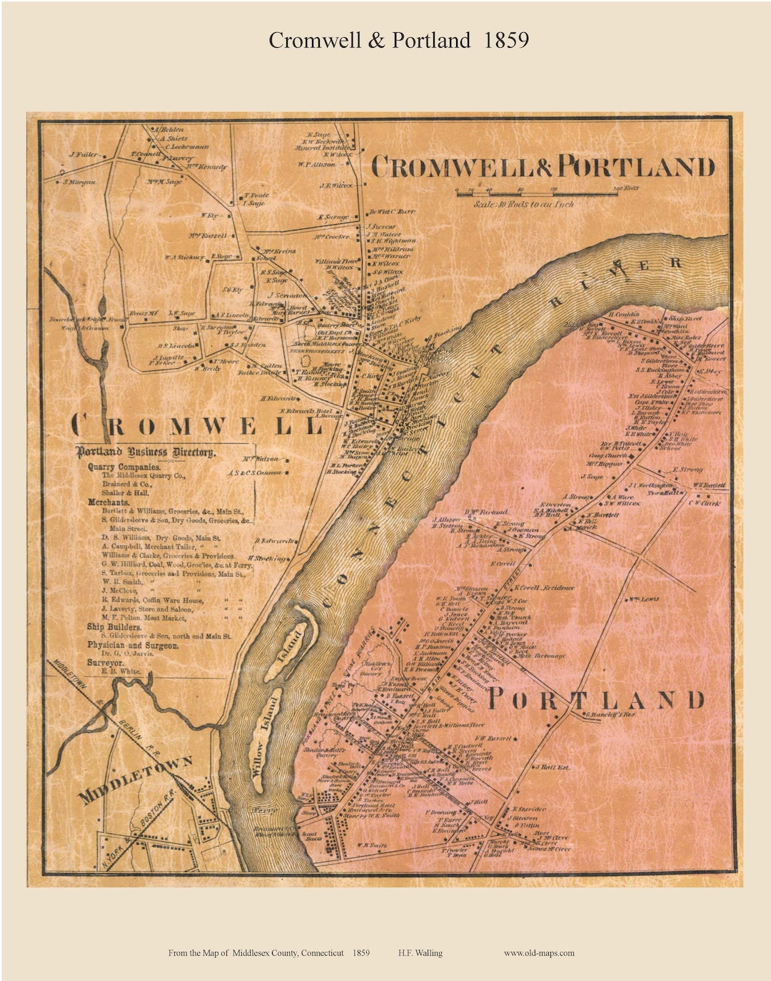 Cromwell Portland 1859 Old Town Map With Homeowner Names Connecticut